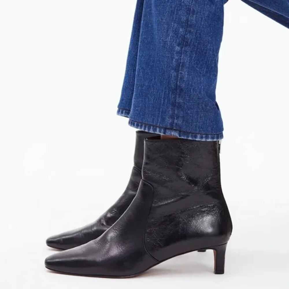 Madewell The Dimes Kitten Heel Boot Crinkle Leather 7.5 Black Back Zip NN026 - Picture 2 of 9